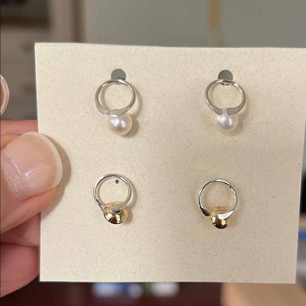 Set of Two Sterling Silver Gold and Pearl Post Earrings - Picture 1 of 7